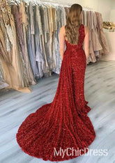 Hot Mermaid One Shoulder Red Prom Dresses Sequin Train